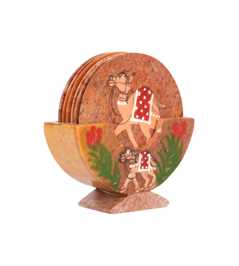 Artisanal Marble Coaster Set with Traditional Motifs