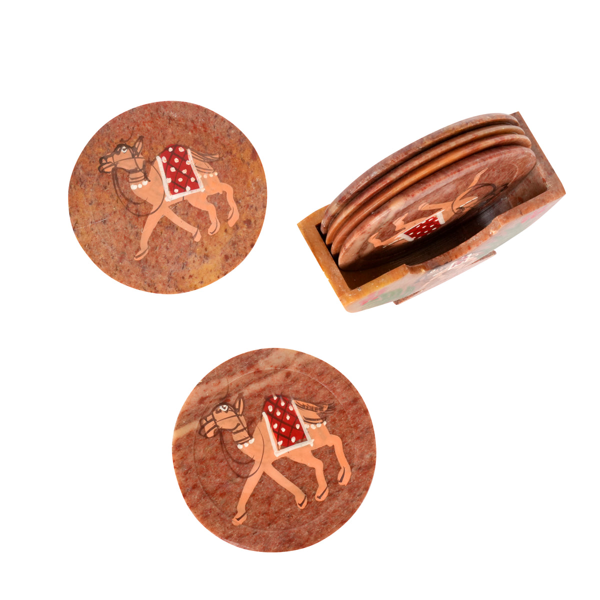 Artisanal Marble Coaster Set with Traditional Motifs
