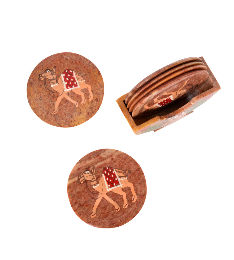 Artisanal Marble Coaster Set with Traditional Motifs