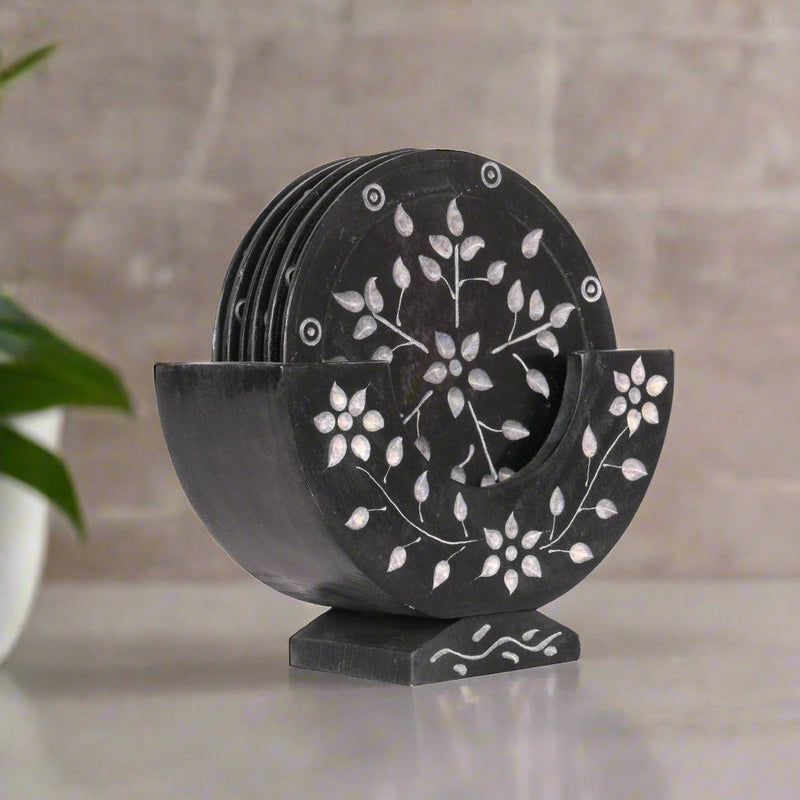 Set of 6 Handcrafted Marble Coasters with Intricate Carvings