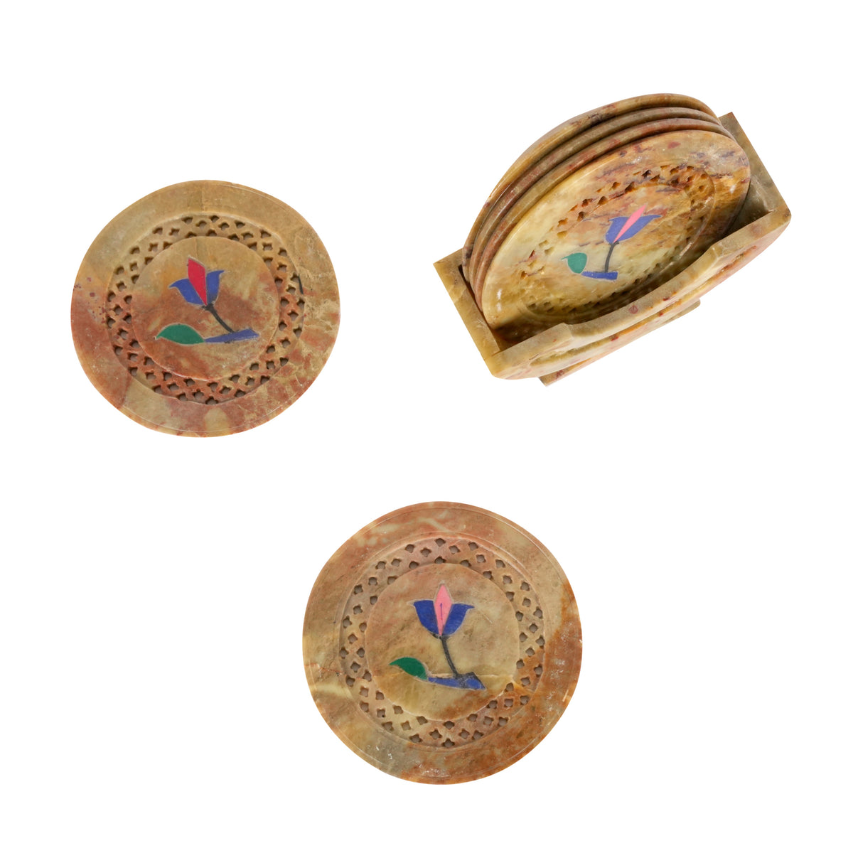 Handcrafted Marble Coasters with Traditional Jali Carving - Set of 6