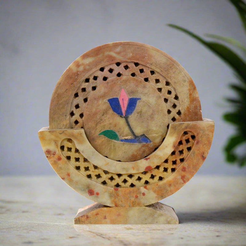 Handcrafted Marble Coasters with Traditional Jali Carving - Set of 6