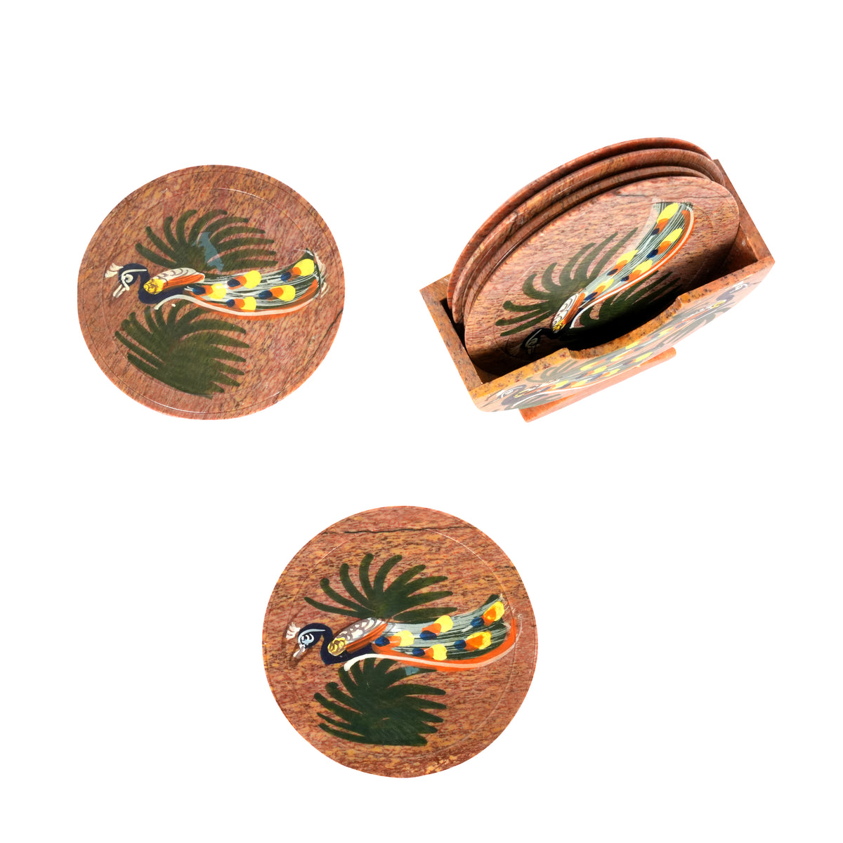 Artisanal Marble Coaster Set with Traditional Motifs