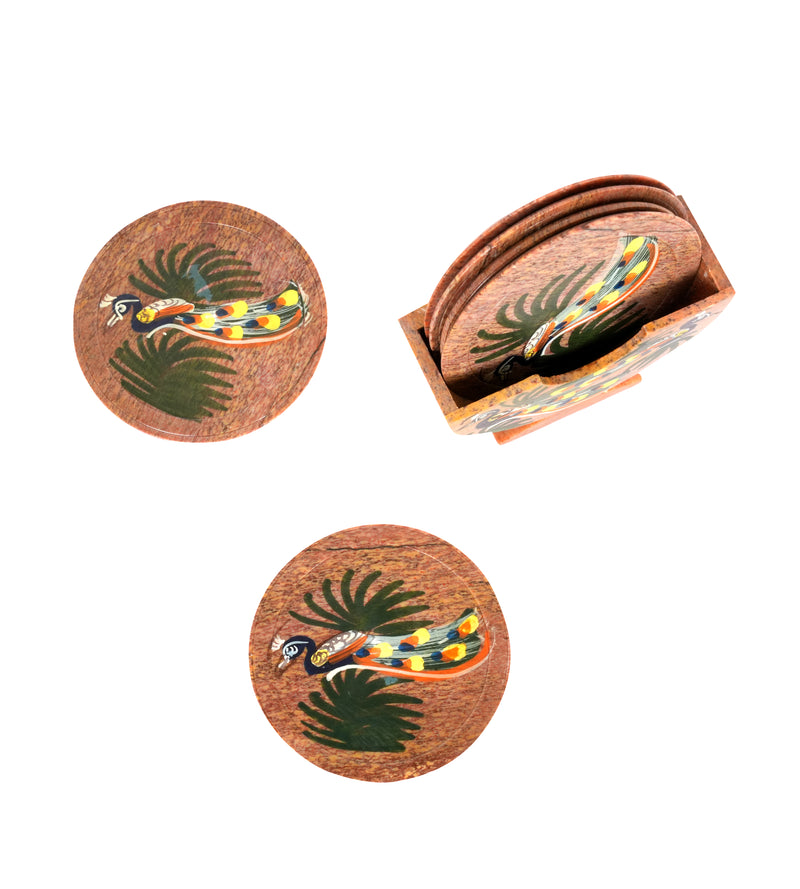 Artisanal Marble Coaster Set with Traditional Motifs