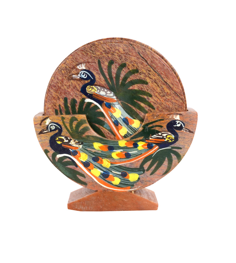 Artisanal Marble Coaster Set with Traditional Motifs