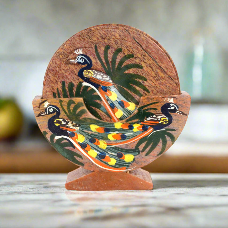 Artisanal Marble Coaster Set with Traditional Motifs