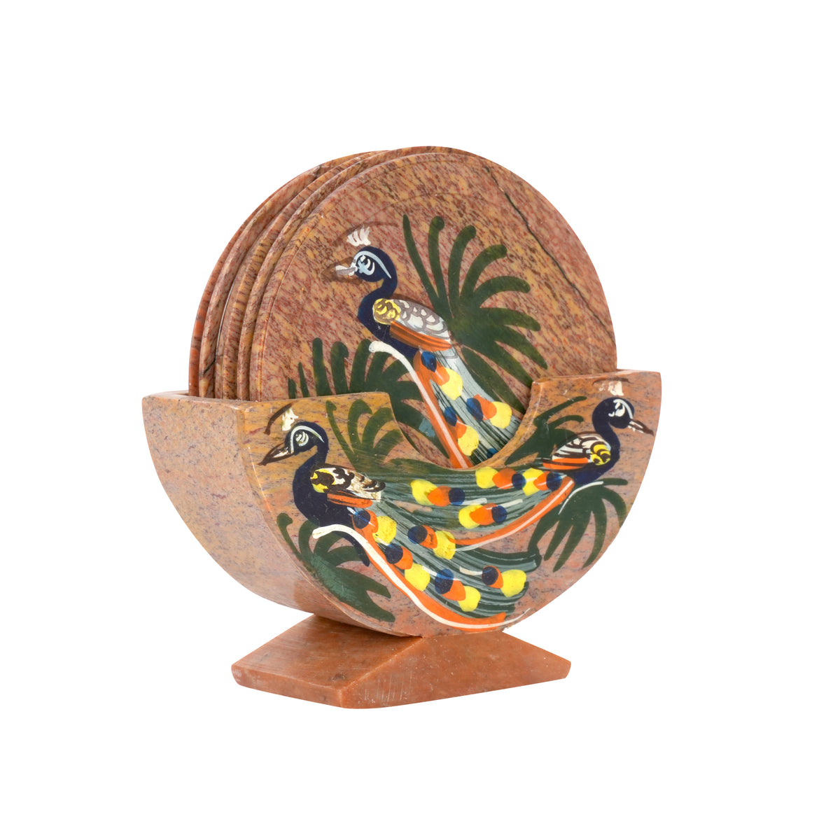 Artisanal Marble Coaster Set with Traditional Motifs
