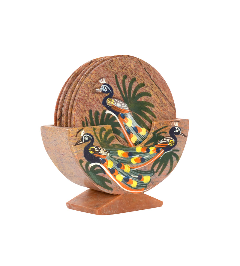 Artisanal Marble Coaster Set with Traditional Motifs