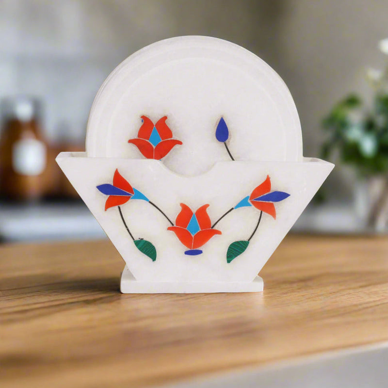 Handcrafted Marble Coasters with Floral Inlay - Set of 6