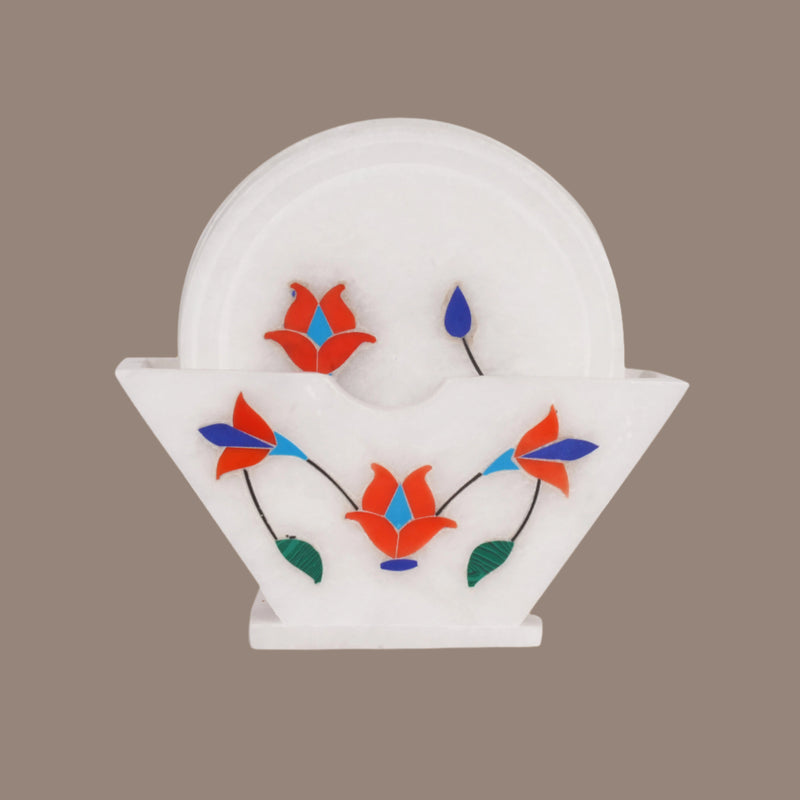 Handcrafted Marble Coasters with Floral Inlay - Set of 6