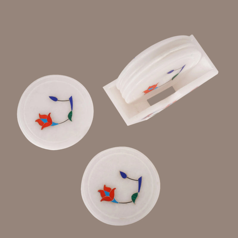 Handcrafted Marble Coasters with Floral Inlay - Set of 6