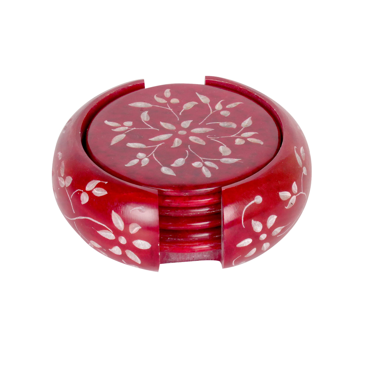 Handcrafted Marble Coasters with Intricate Floral Carving - Set of 6