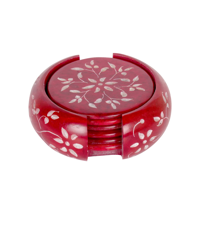 Handcrafted Marble Coasters with Intricate Floral Carving - Set of 6