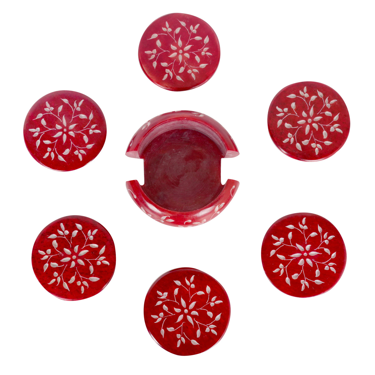 Handcrafted Marble Coasters with Intricate Floral Carving - Set of 6