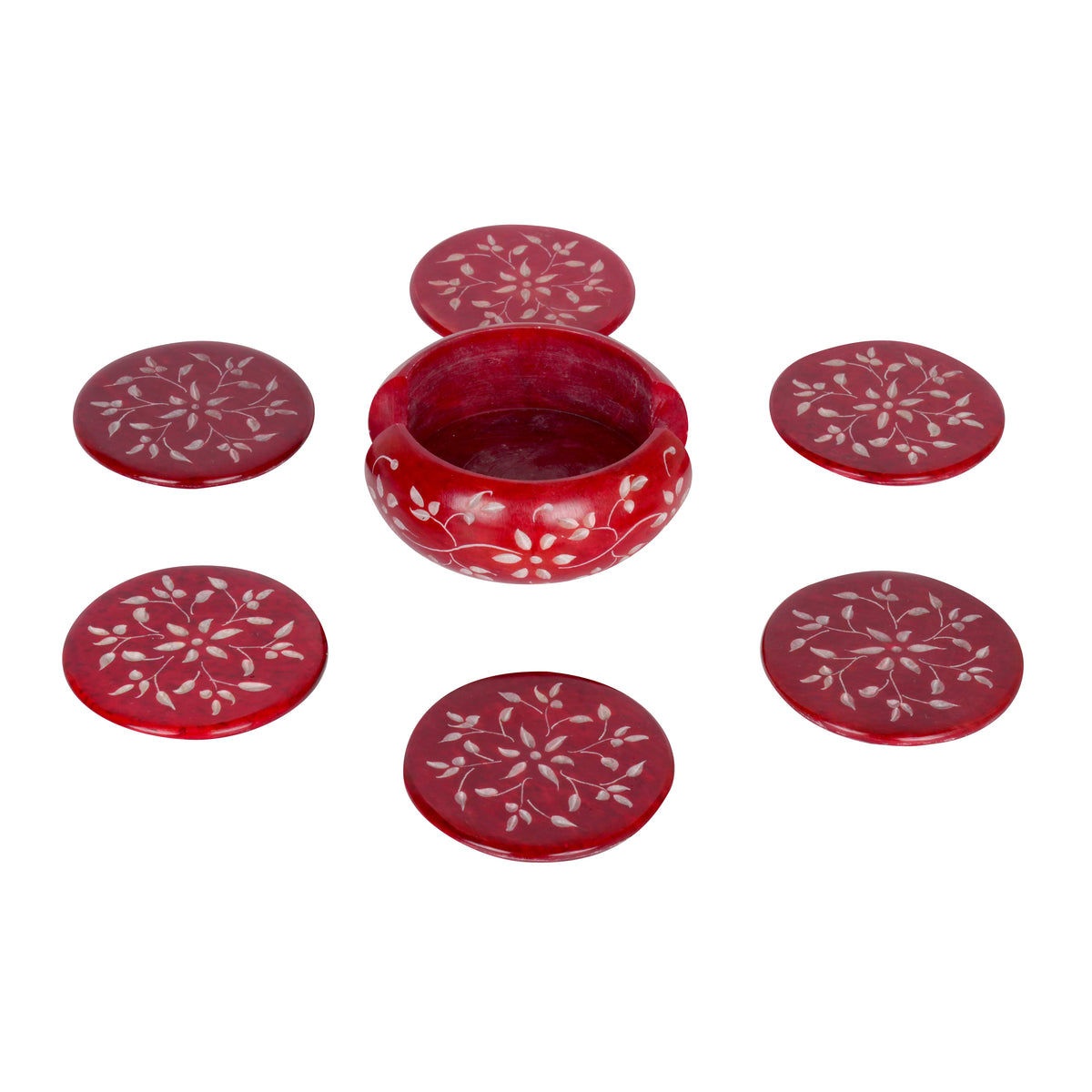 Handcrafted Marble Coasters with Intricate Floral Carving - Set of 6