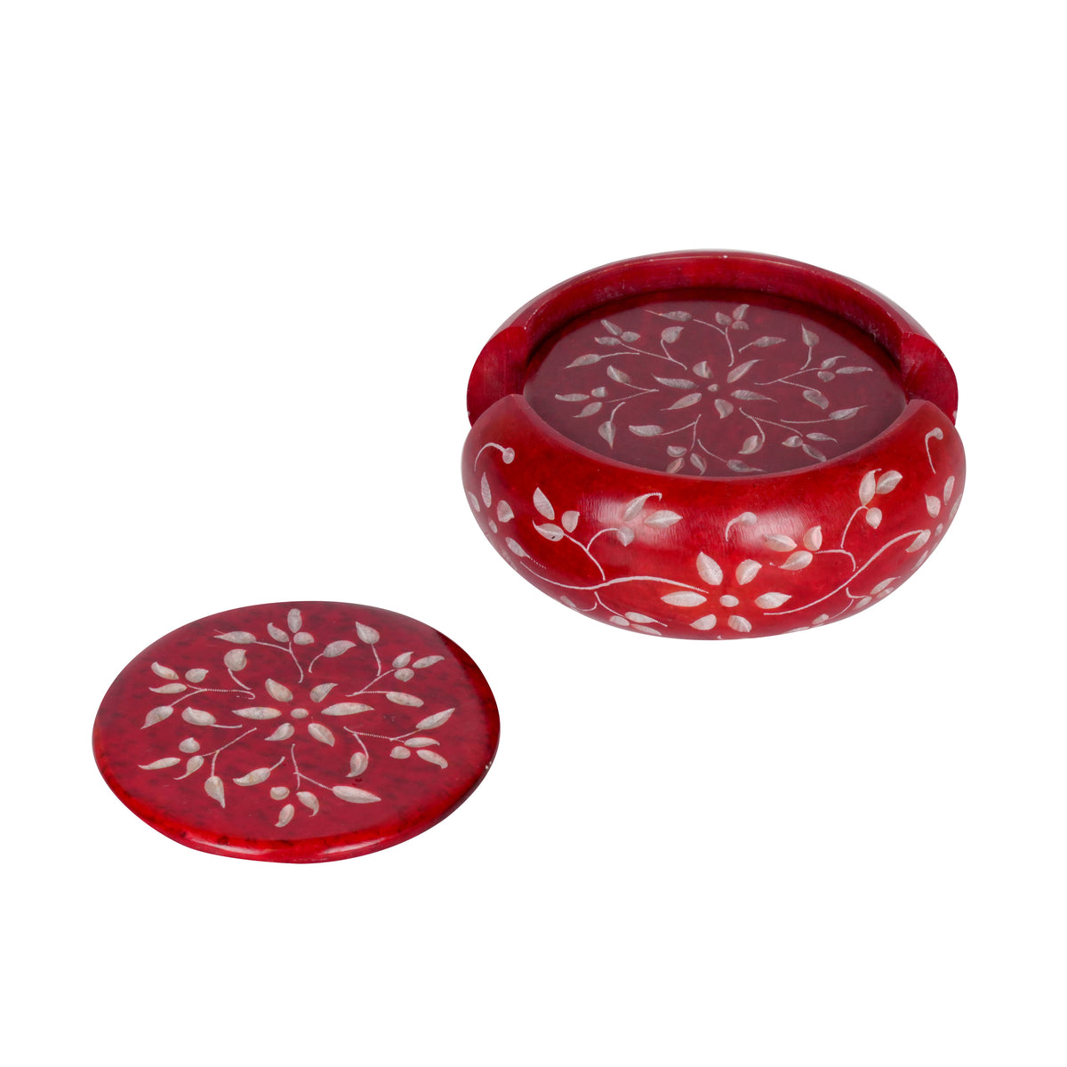 Handcrafted Marble Coasters with Intricate Floral Carving - Set of 6