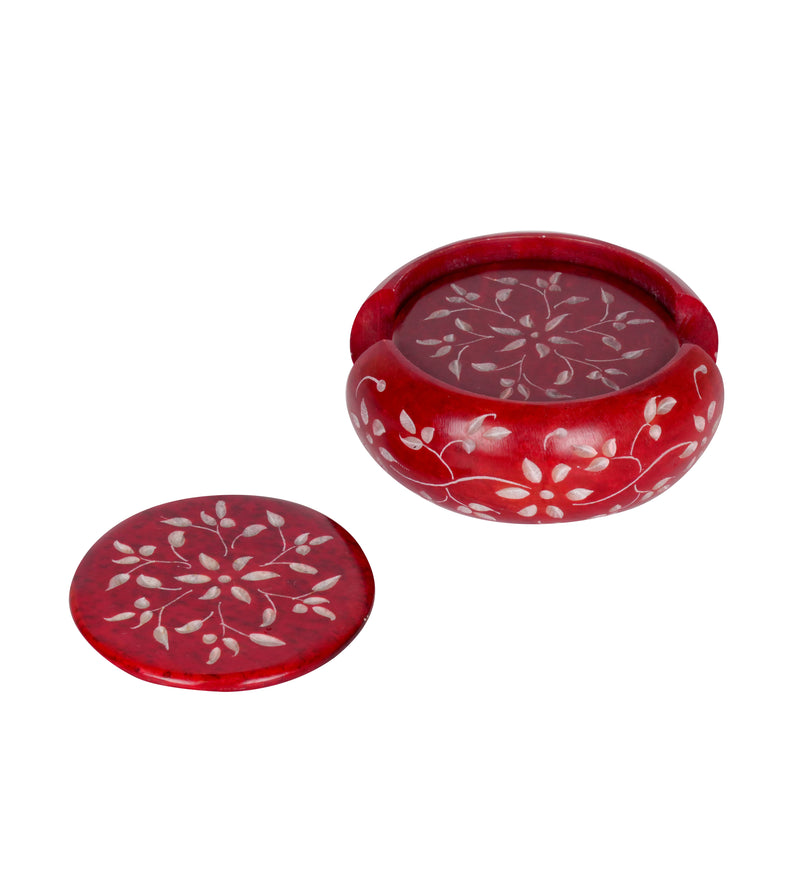 Handcrafted Marble Coasters with Intricate Floral Carving - Set of 6