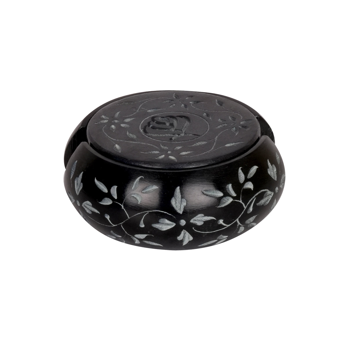 Handcrafted Black Marble Coasters with Floral Inlay - Set of 6