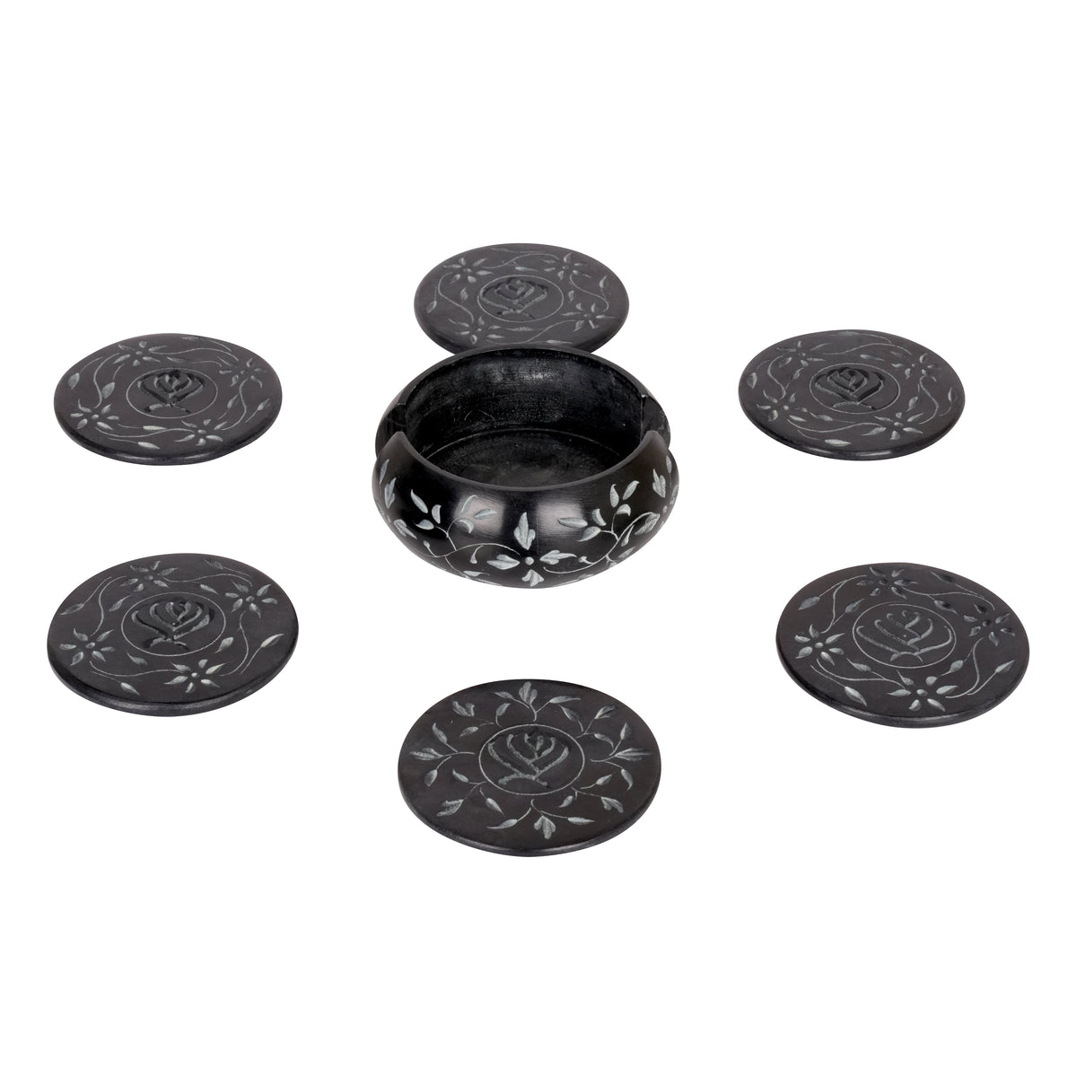 Handcrafted Black Marble Coasters with Floral Inlay - Set of 6