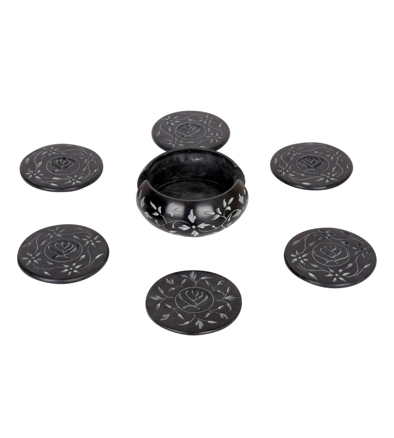 Handcrafted Black Marble Coasters with Floral Inlay - Set of 6