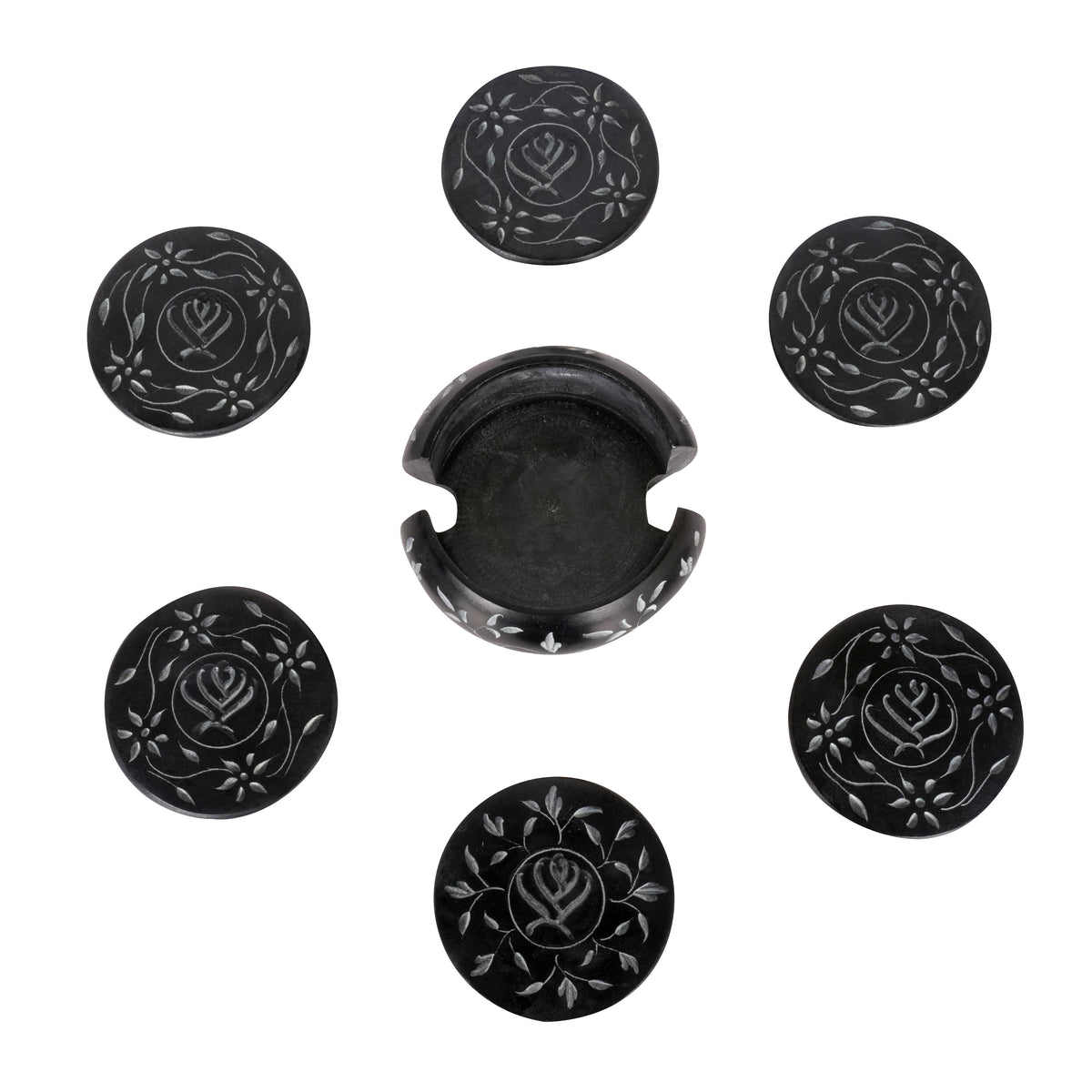 Handcrafted Black Marble Coasters with Floral Inlay - Set of 6