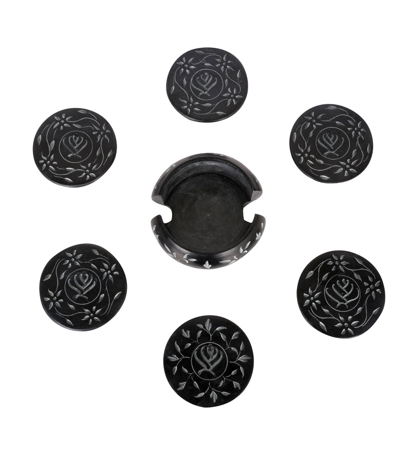 Handcrafted Black Marble Coasters with Floral Inlay - Set of 6