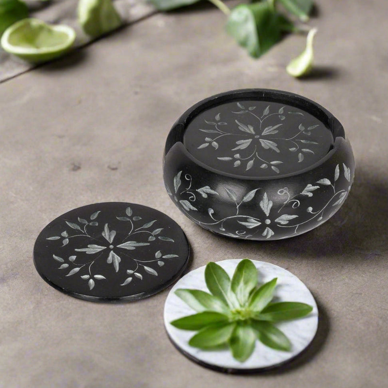 Handcrafted Black Marble Coasters with Floral Inlay - Set of 6