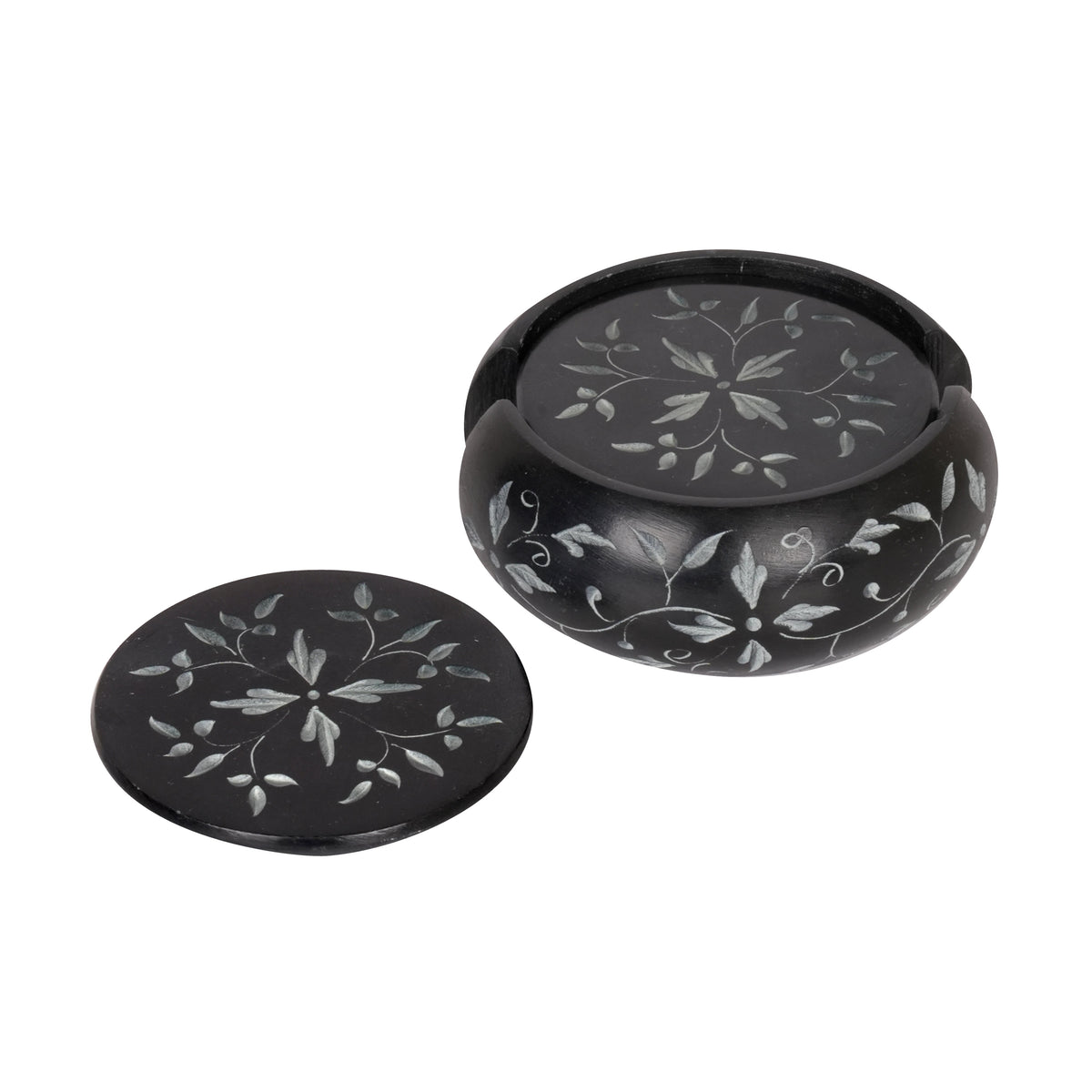 Handcrafted Black Marble Coasters with Floral Inlay - Set of 6