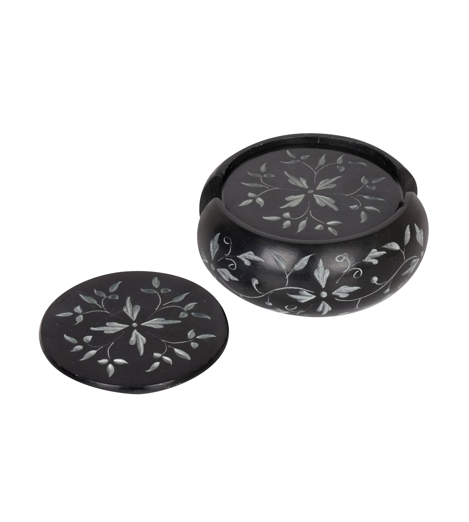 Handcrafted Black Marble Coasters with Floral Inlay - Set of 6
