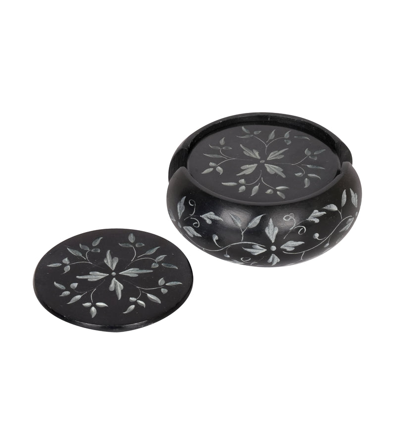 Handcrafted Black Marble Coasters with Floral Inlay - Set of 6