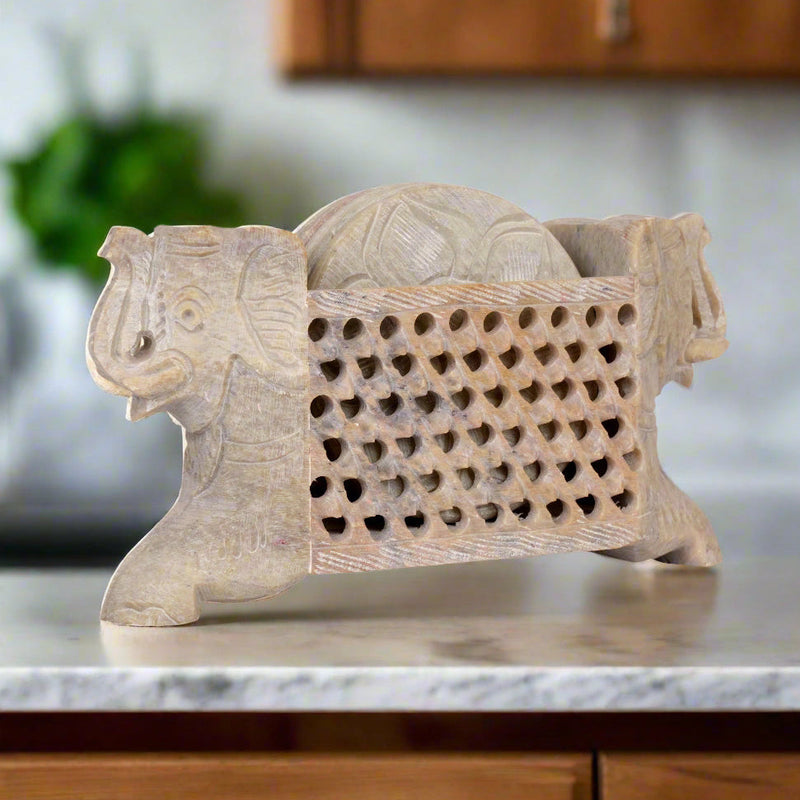 Handcrafted Marble Coasters with Elephant Design - Set of 6