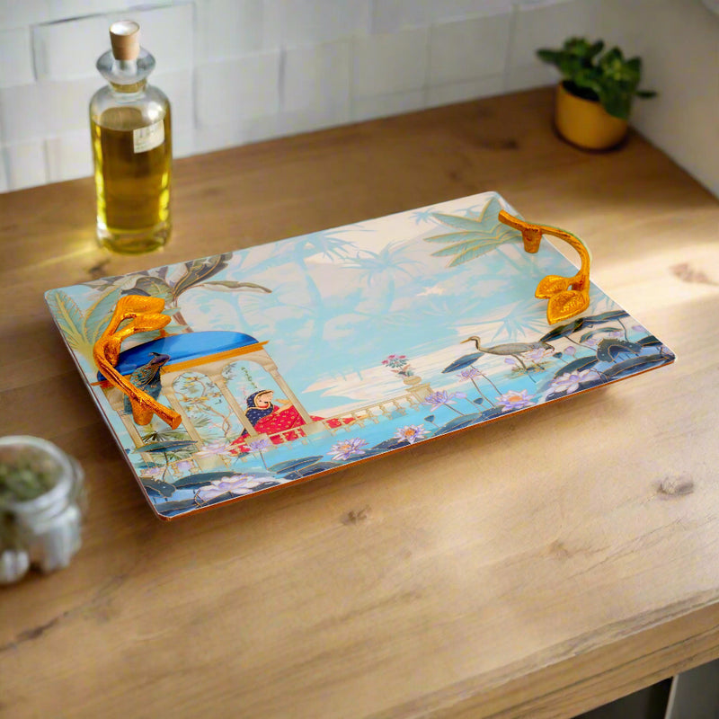 Artistic Vista: Handcrafted Serving Tray with Ornate Handles