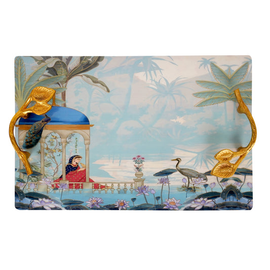 Artistic Vista: Handcrafted Serving Tray with Ornate Handles