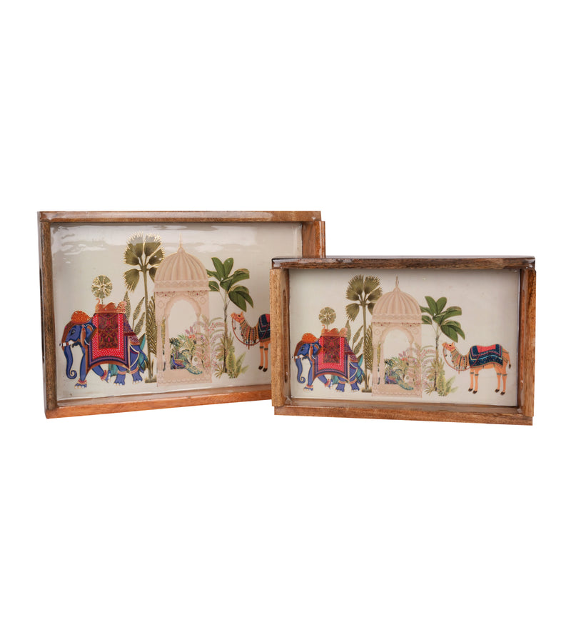 Handcrafted Wooden Printed Trays - Set of 2