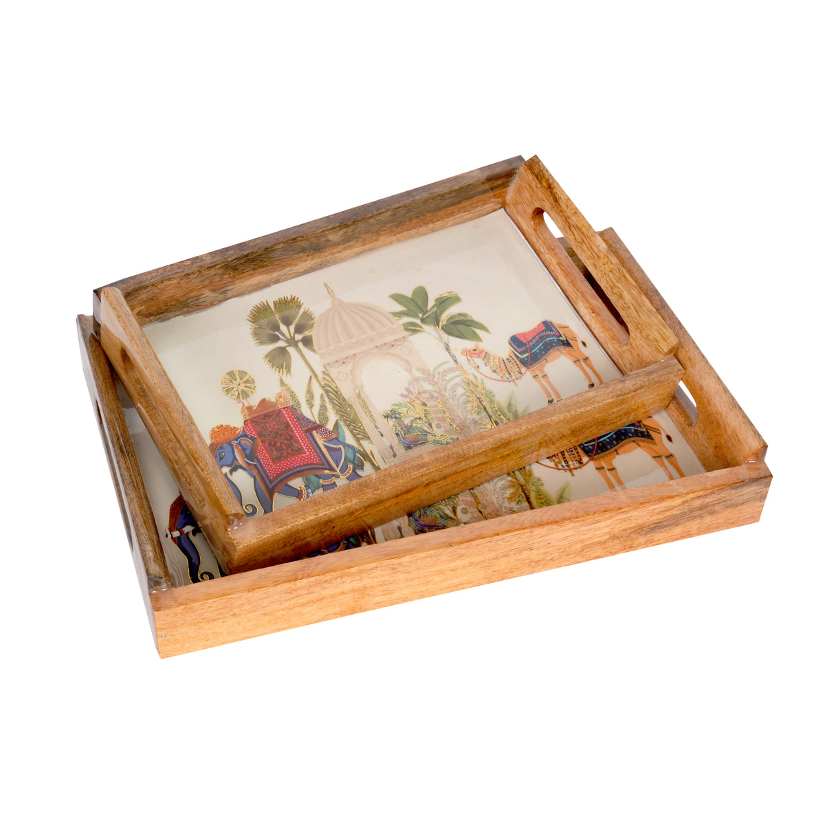 Handcrafted Wooden Printed Trays - Set of 2