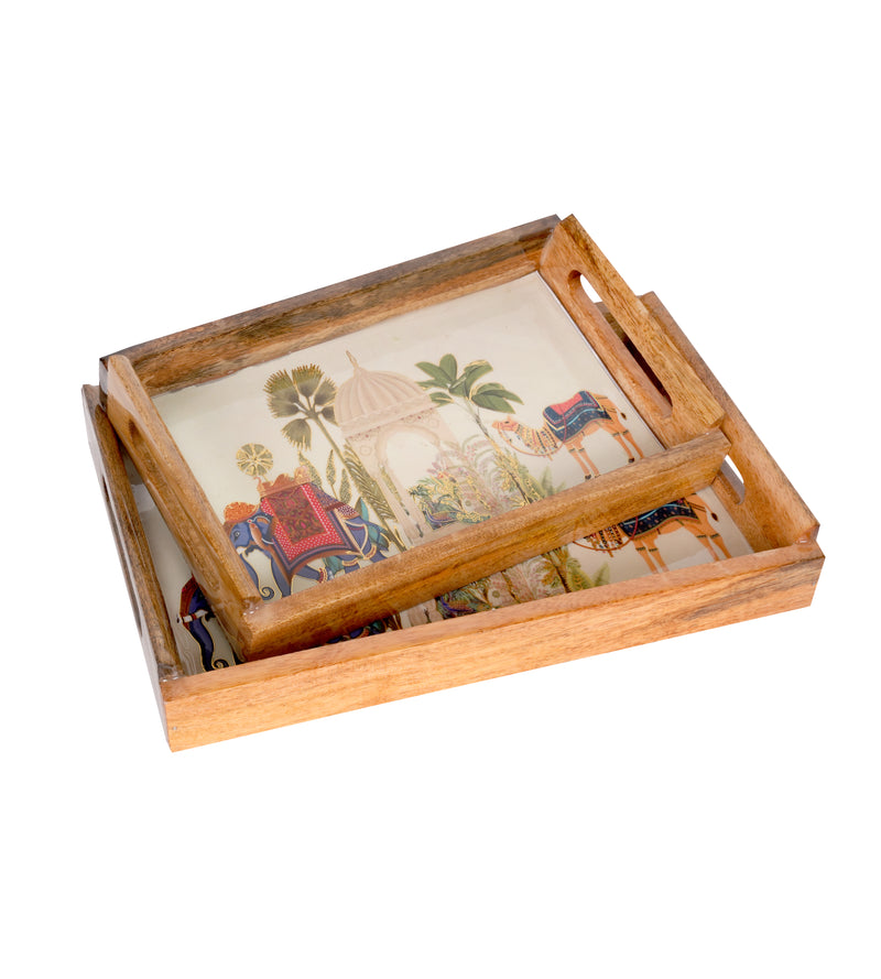 Handcrafted Wooden Printed Trays - Set of 2