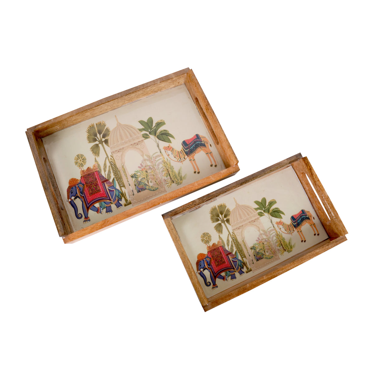 Handcrafted Wooden Printed Trays - Set of 2