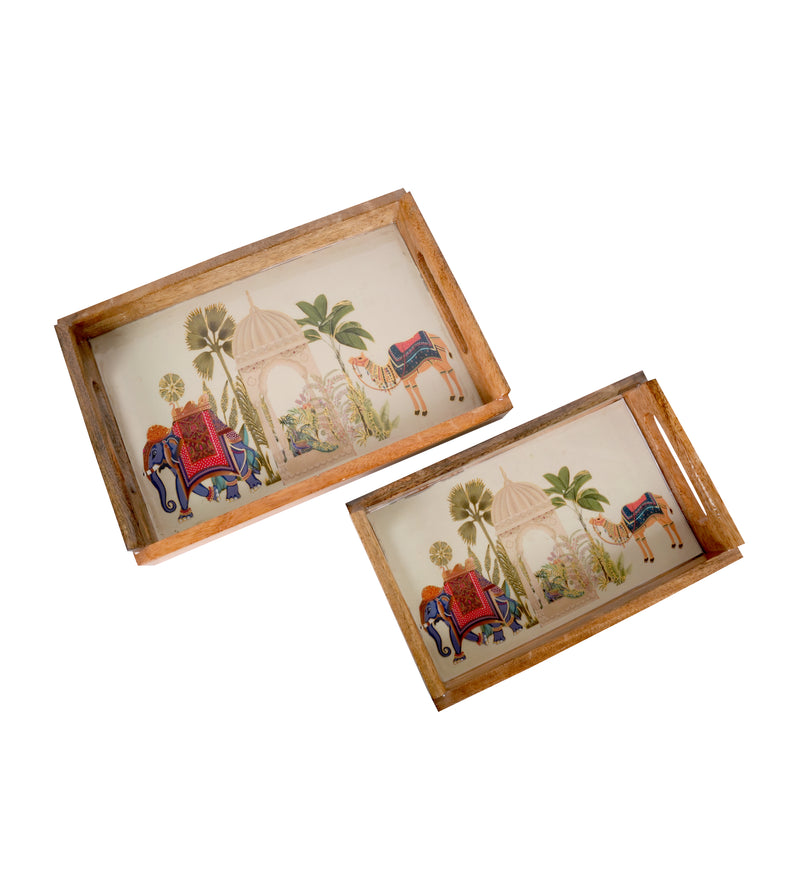 Handcrafted Wooden Printed Trays - Set of 2