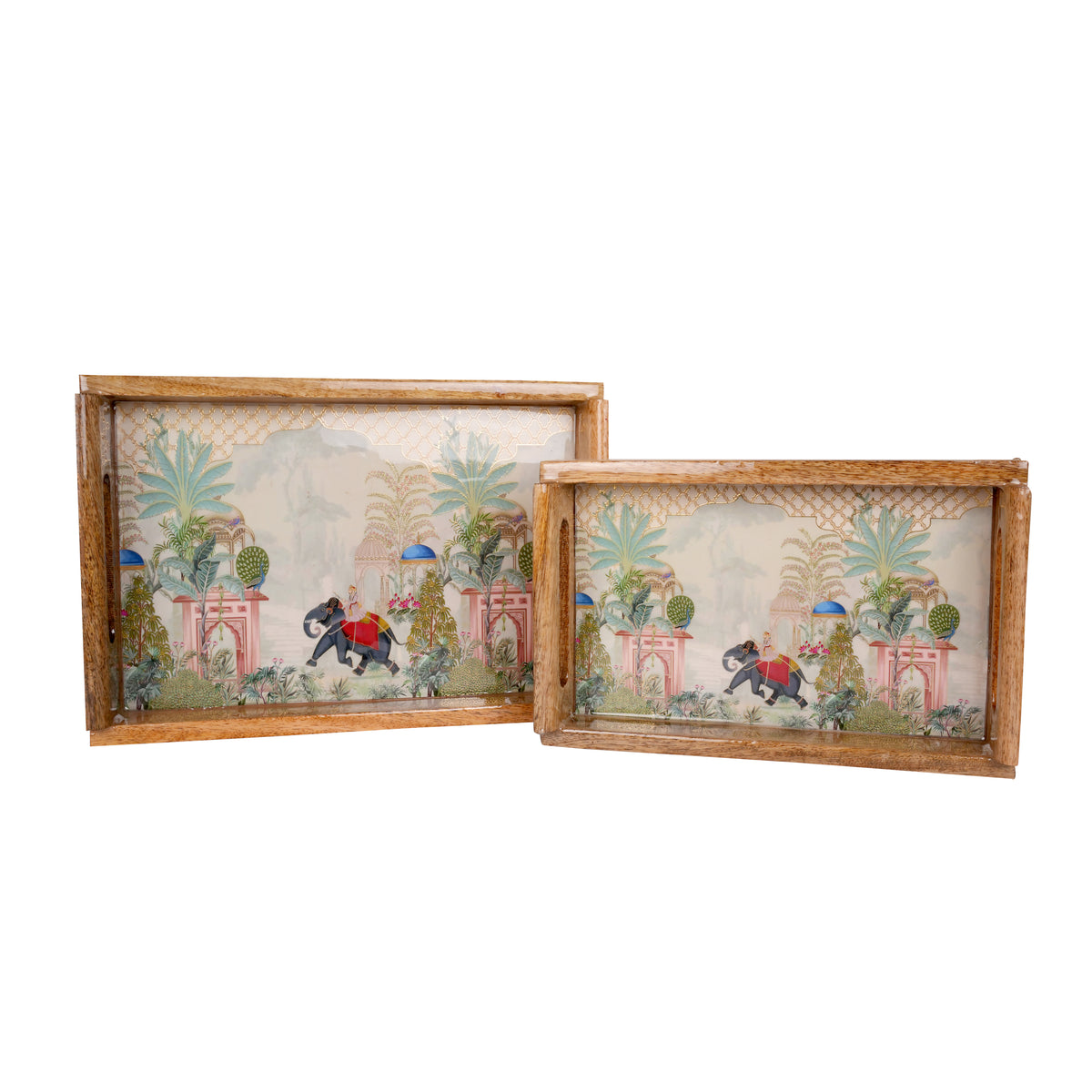 Handcrafted Wooden Printed Trays - Set of 2