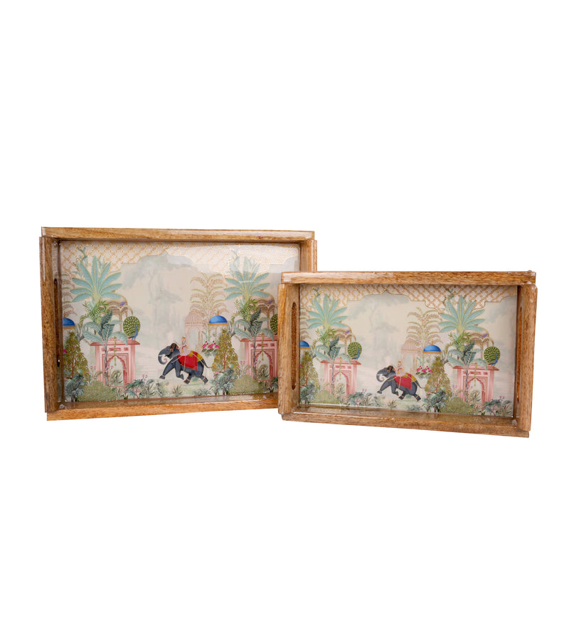Handcrafted Wooden Printed Trays - Set of 2