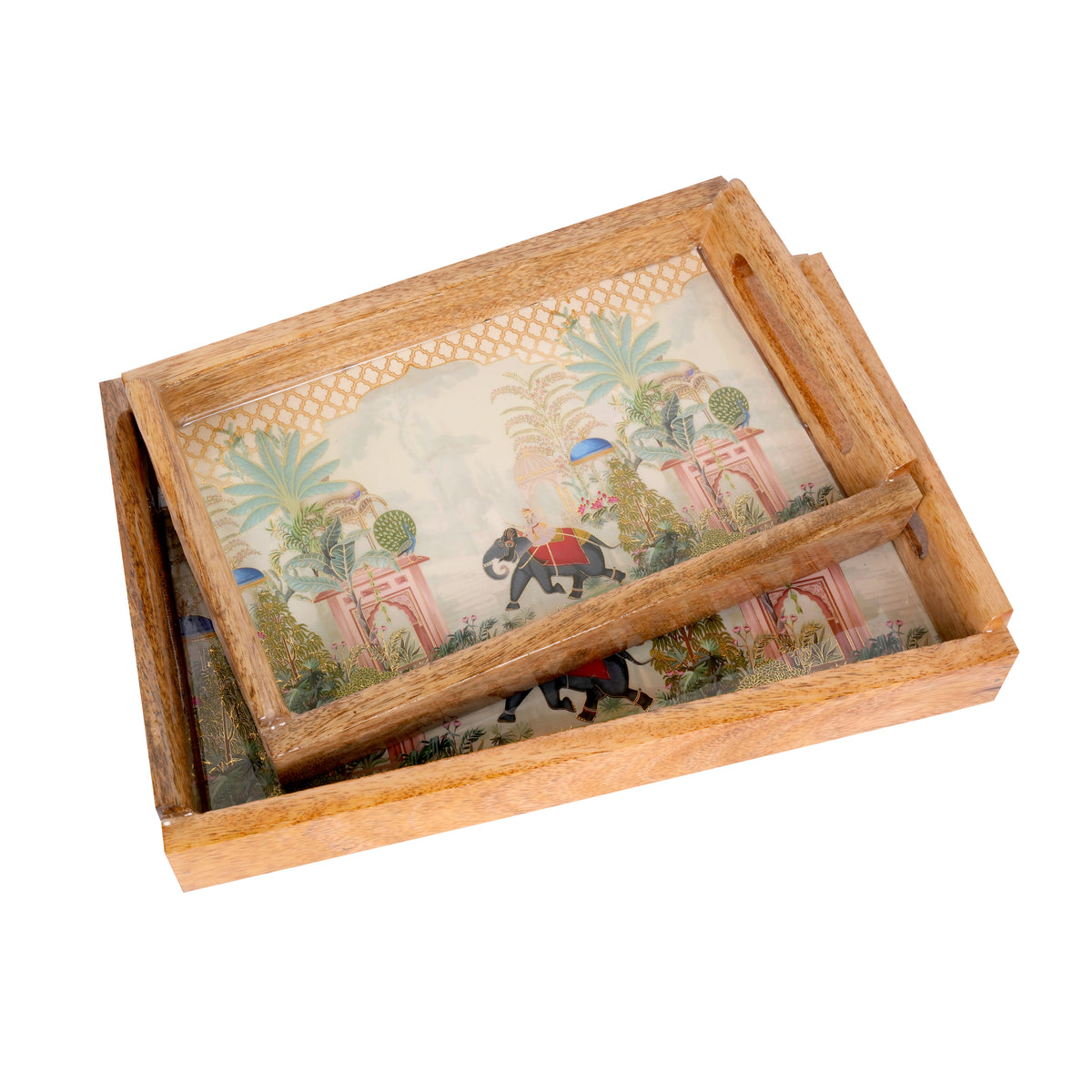 Handcrafted Wooden Printed Trays - Set of 2