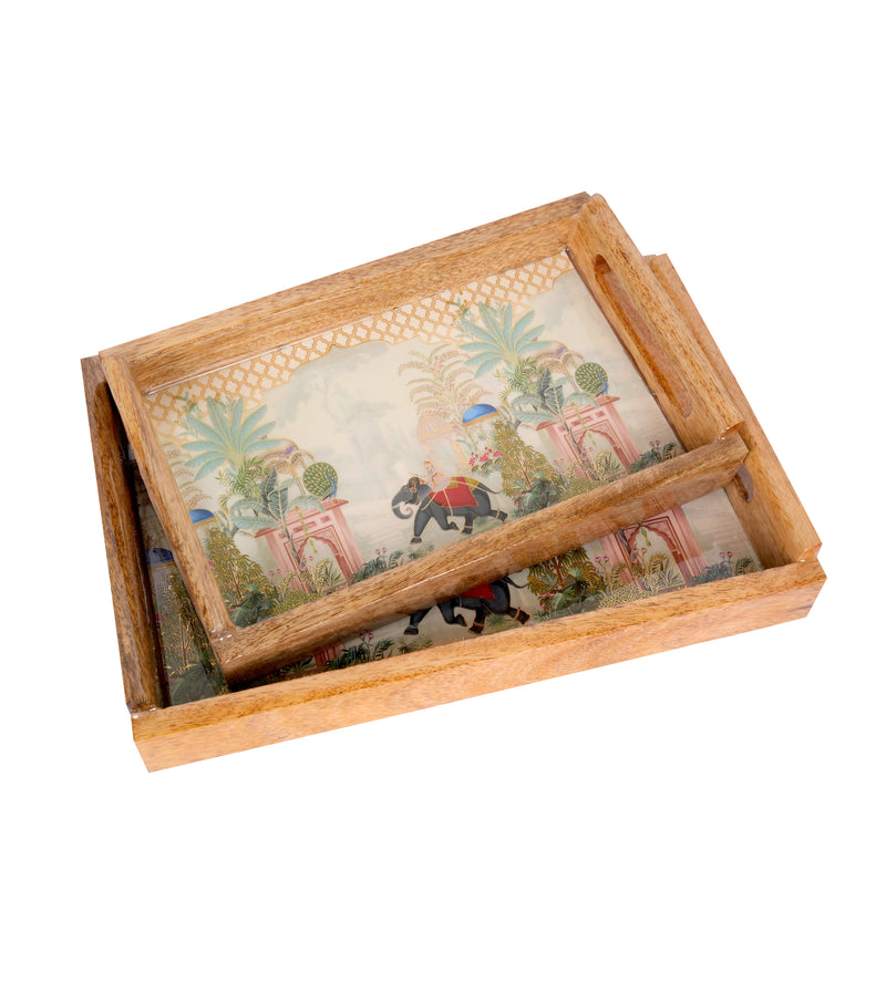 Handcrafted Wooden Printed Trays - Set of 2