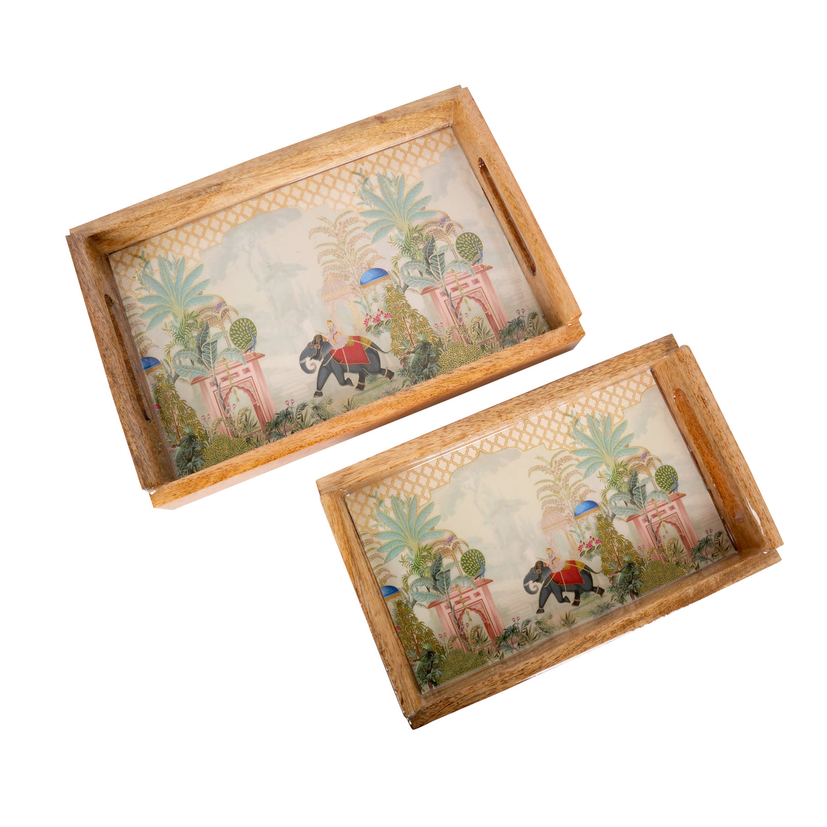 Handcrafted Wooden Printed Trays - Set of 2