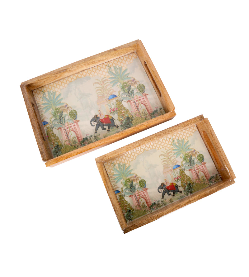 Handcrafted Wooden Printed Trays - Set of 2