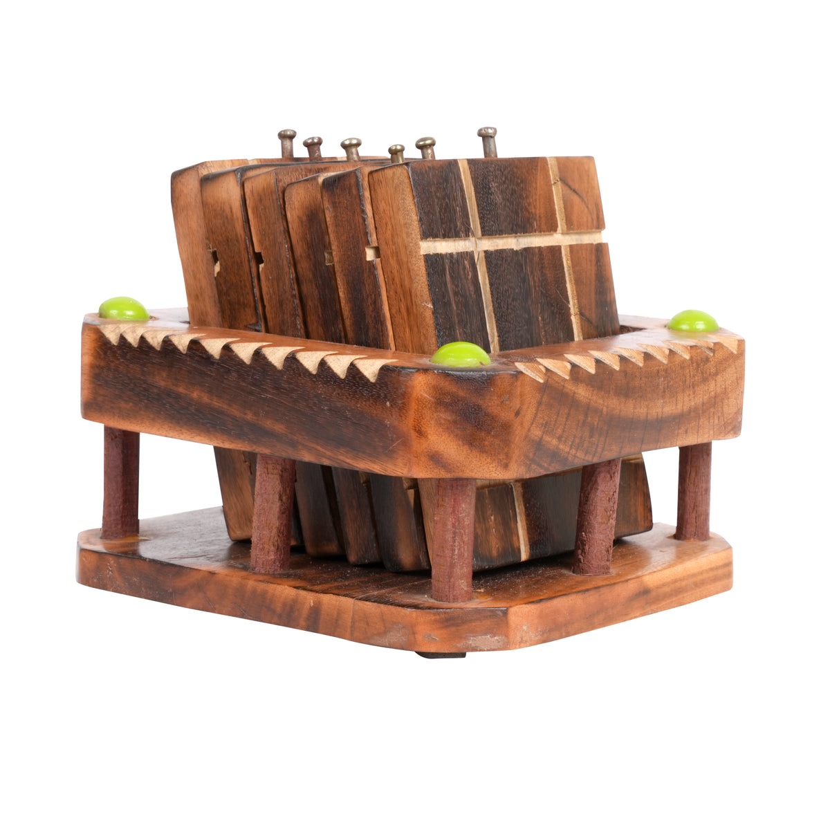 Hand-Carved Sheesham Wood Coaster Set