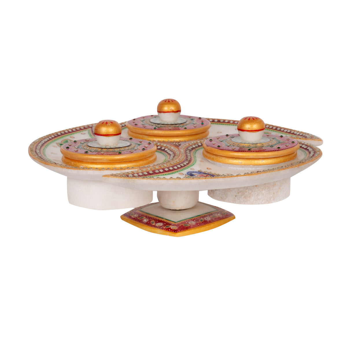Handcrafted Marble Revolving Dry Fruit Set – Traditional Rajasthani Meenakari Artwork