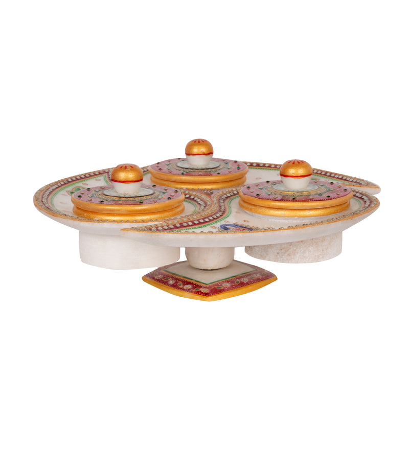 Handcrafted Marble Revolving Dry Fruit Set – Traditional Rajasthani Meenakari Artwork