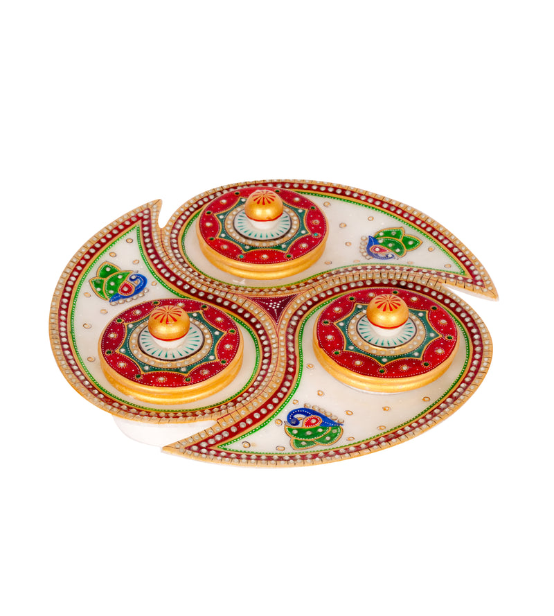 Handcrafted Marble Revolving Dry Fruit Set – Traditional Rajasthani Meenakari Artwork