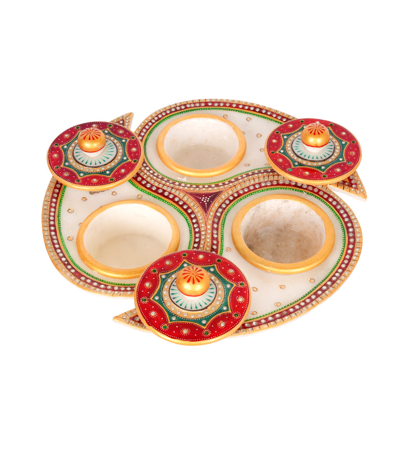 Handcrafted Marble Revolving Dry Fruit Set – Traditional Rajasthani Meenakari Artwork