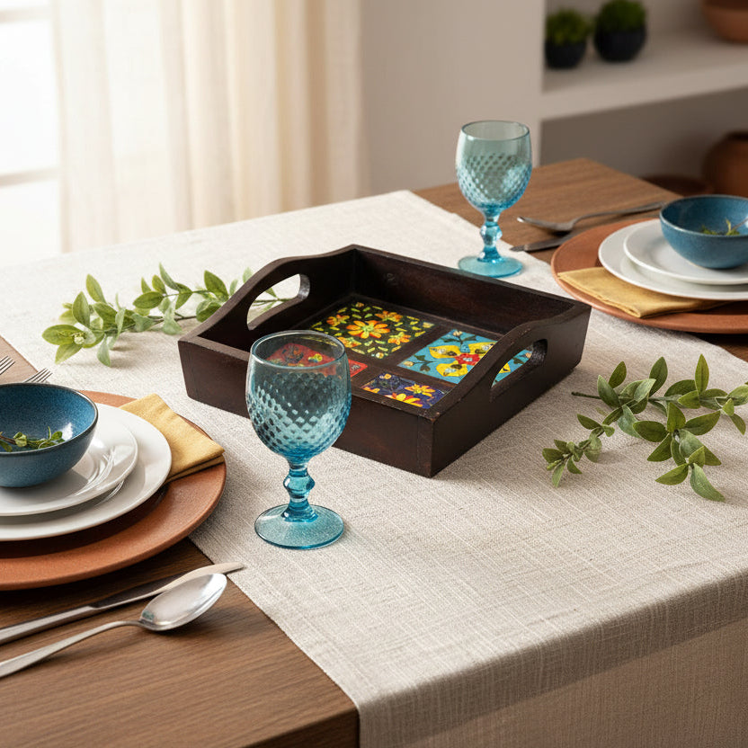 Artisan's Palette: Hand-Painted Ceramic Tile and Rosewood Tray